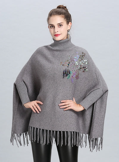 Sequins High Collar Fringed Bat Shirt Cloak Coat