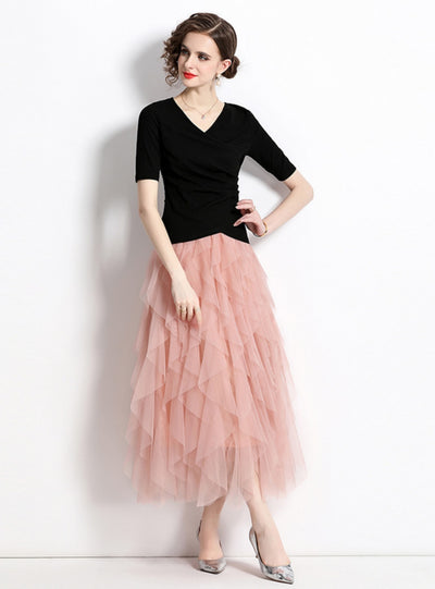 Black Top Cake Skirt T-shirt Two-piece Suit