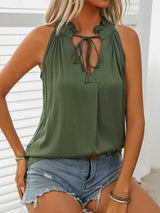 Sleeveless Lace-up V-neck Solid Color Shirt