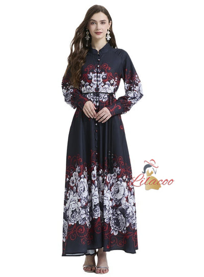 Palace Style Retro Lantern Sleeve Printing Ruffled Dress