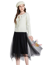 Hollow Bow Shiny Coat+Gauze Skirt Two-piece Set