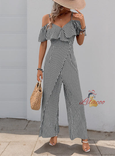 Leisure Suspender Striped Wide-leg Jumpsuit