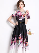 Printed Hepburn Round Neck Short Sleeve Dress with Belt