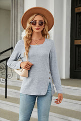 Square Neck Button Split Loose Long Sleeve T-shirt