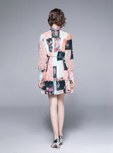 Retro Color Matching Printed Long-sleeved Dress