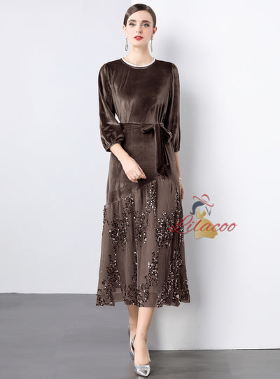 Lace Sequins Stitching Velvet Dress