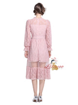 Pink Long-sleeved Stitching Lace Dress