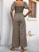 Square Collar Puff Sleeve Wide-leg Printed Jumpsuit