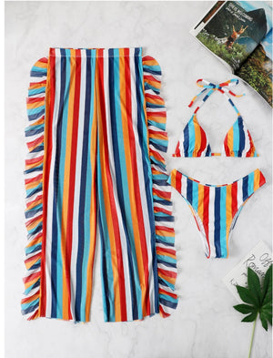 Sexy Stripe Bikini Three Piece Suit