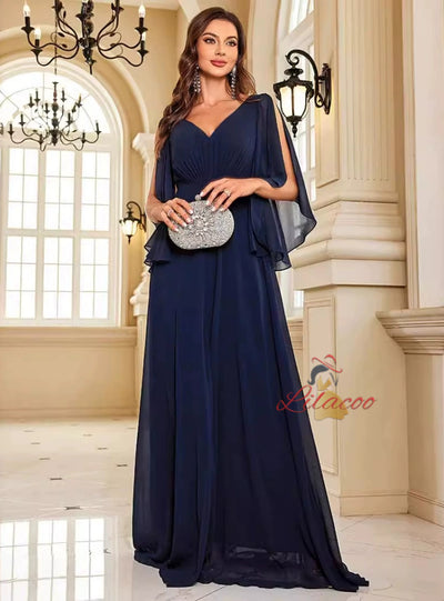 Navy Blue Chiffon Short Sleeve Prom Dress