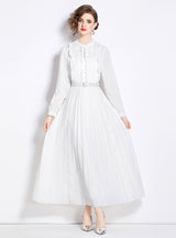 Bow Pleated Bubble Sleeve High Waist Dress