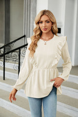 Pleated Spliced Round Neck Long Sleeve T-shirt