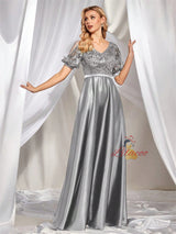 Gray Short Sleeve Lace Prom Dress