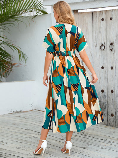 Geometric Printed Split Short-sleeved Dress