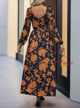 Long Sleeve V-neck Split Printed Dress