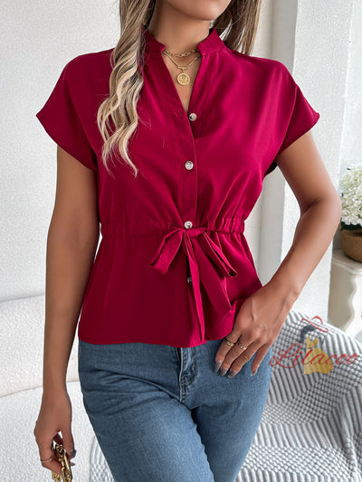 Casual Button Drawstring Short Sleeve Shirt Top