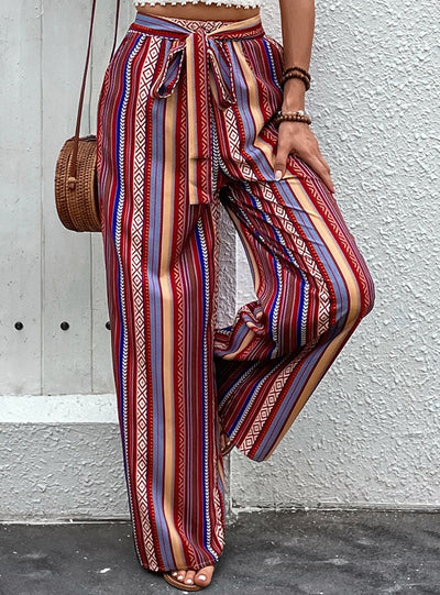 Printed Long High Waist Elastic Wide-leg Pants