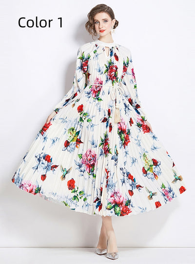 Printed Lantern Sleeve Pleated Tassel Belt Dress