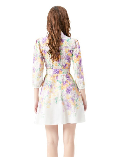 Retro Long Sleeve Short Mini Print Dress