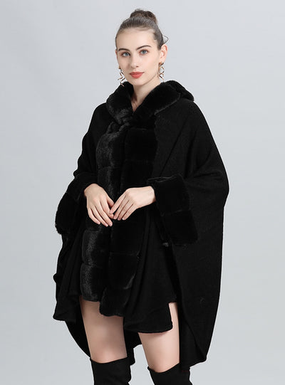 Wool Collar Hooded Knitted Shawl Cloak