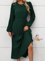 Long Sleeve Pleated Round Neck High Waist Dress