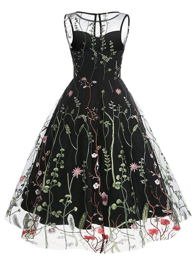 Round Neck Sleeveless Embroidered 50S Dress