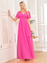 Fuchsia Chiffon V-neck Pleats Prom Dress