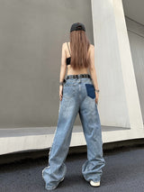 Pocket Wide-leg Raw Edges Pants Jeans