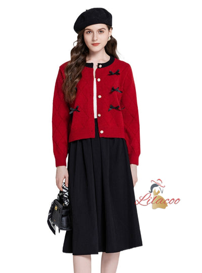 Bow Round Neck Sweater+High Waist Skirt Two-piece Suit