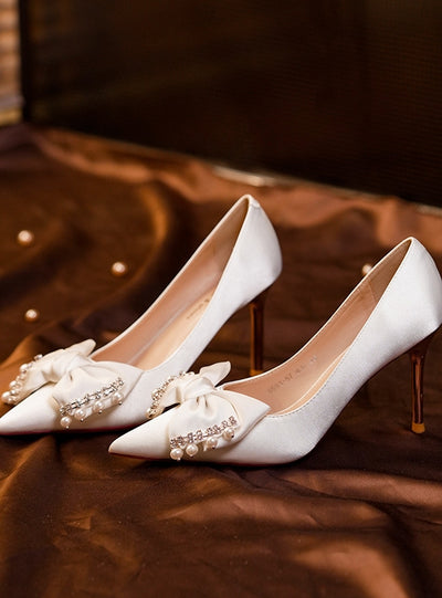 Bow Diamond Satin Pointed Wedding Shoes