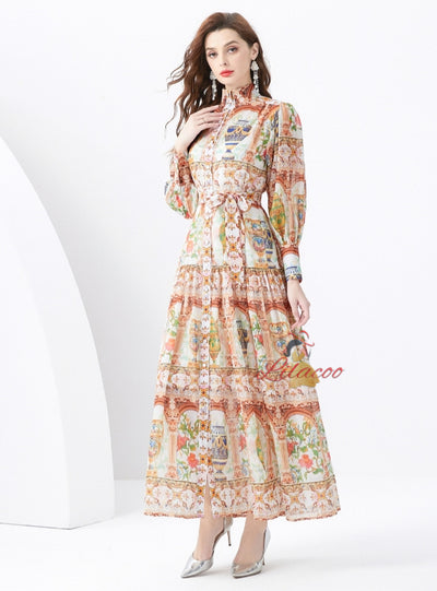 Long Sleeve Retro Print Ddress