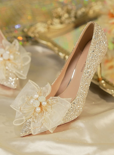 Sequined Beads Bow High Heels Shoes