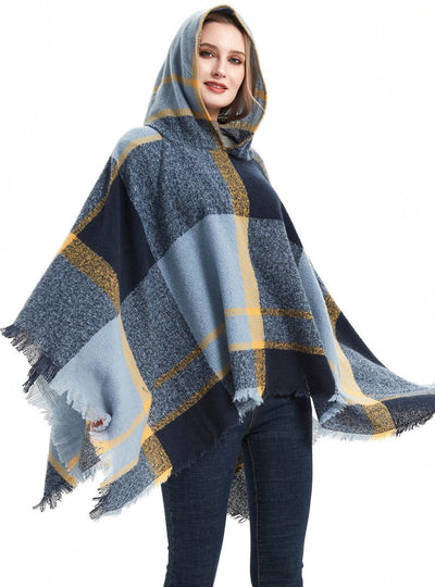 Blue Plaid Hooded Shawl Cloak