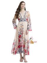 V-neck Flared Sleeve Printed Chiffon Dress