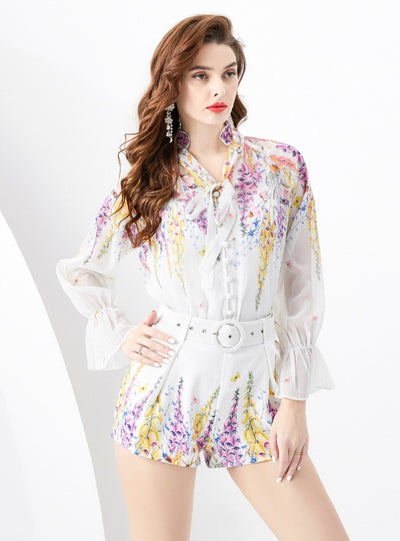 V-neck Lantern Sleeve Pleated Shirt+Shorts Suit