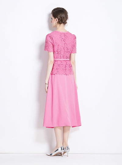 Pink Lace Fake Two-piece Short-sleeved Dress