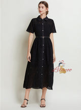 Solid Color Cotton Embroidered Holiday Short Sleeve Dress