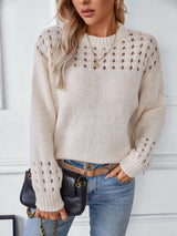 Hollow Pullover Solid Color Round Neck Sweater