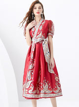 V-neck Lantern Sleeve Retro Print Dress