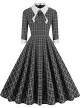 Retro Contrast Bow Plaid Long Sleeve Dress