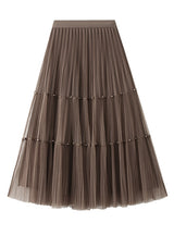 High Waist Pleated Beaded Gauze Skirt On both Sides