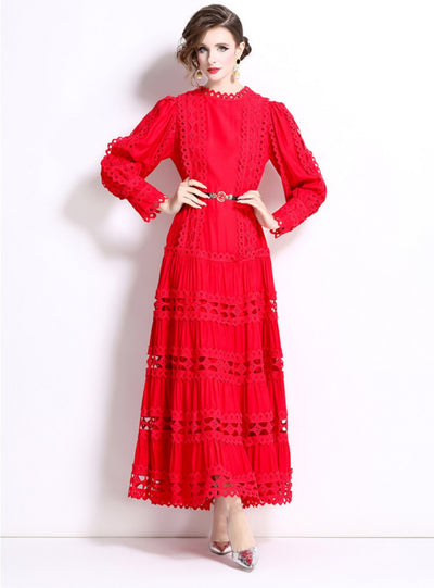 Round Neck Lantern Sleeve Long Lace Dress