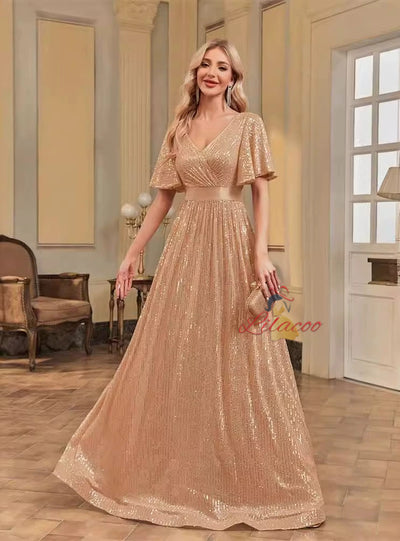 Gold Sequins V-neck Short Sleeve Prom Dress