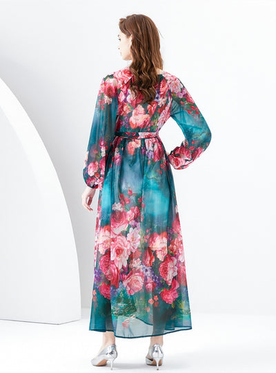 V-neck Lantern Sleeve Printed Dress