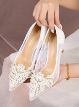 Summer Mesh Pointed High Heels Pearls Shoes