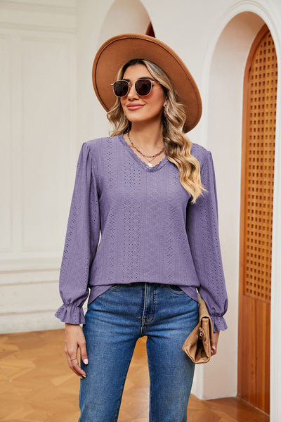 Lace V-neck Loose Long Sleeve T-shirt