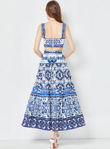 Porcelain Printed Top+Pleated Skirt Two-Piece Suit