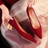 Low Heel Suede Pointed Red Shoes