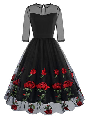 Round Neck Gauze Rose Embroidery Retro Dress