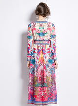 V-neck Printed Long-sleeved Big Swing Dress